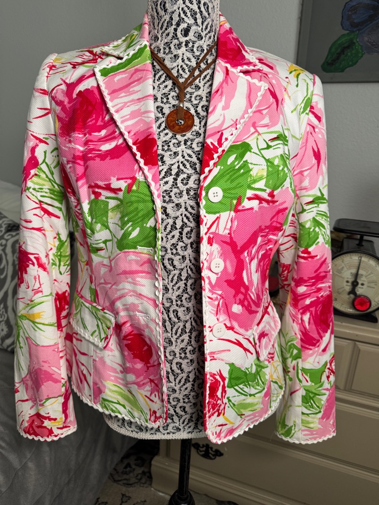 City Silk Stretch Womens White Base Pink & Green Floral Cotton Lined Blazer Sz 6